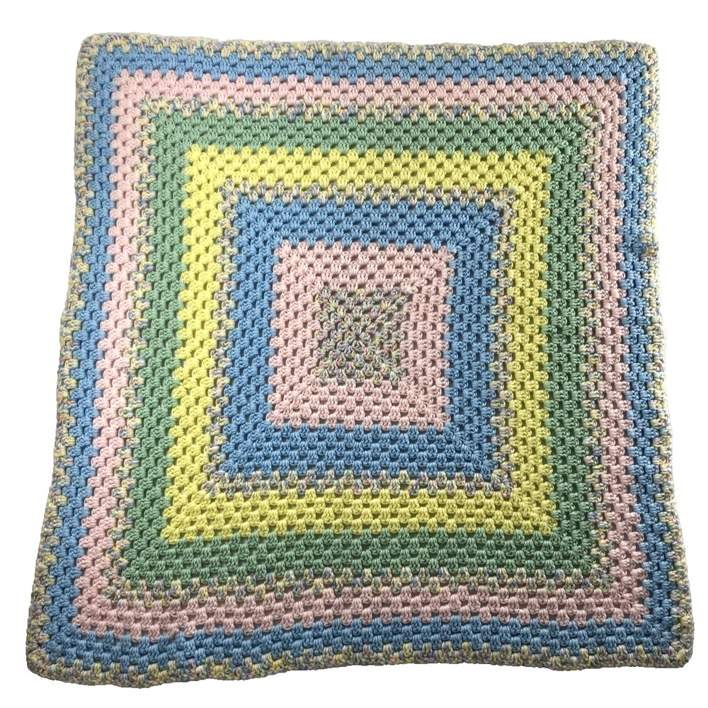 Baby Afghan Crochet Blanket Handmade Yellow Pink Green Blue 40" x‎ 38"